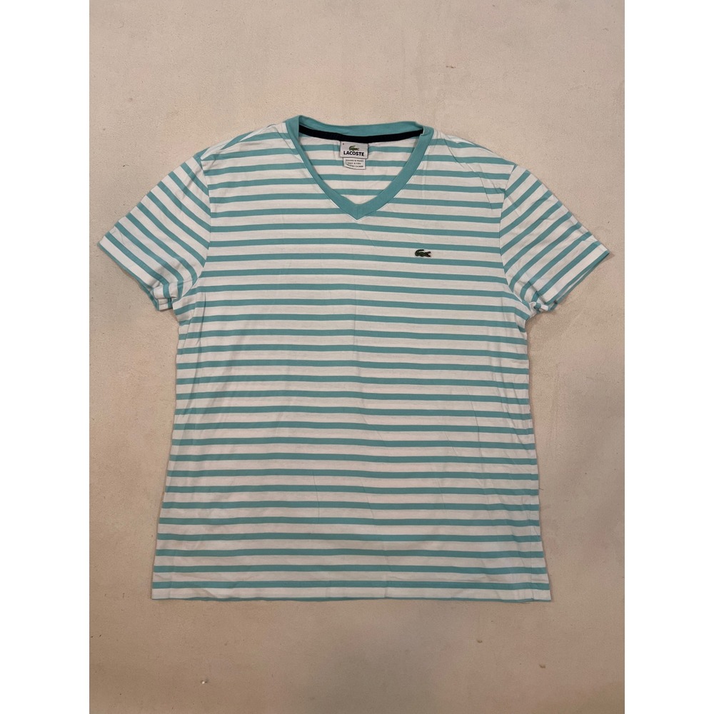 Lacoste Womens V-Neck Striped Cotton T-Shirt Mint Green White Size 6 5191L